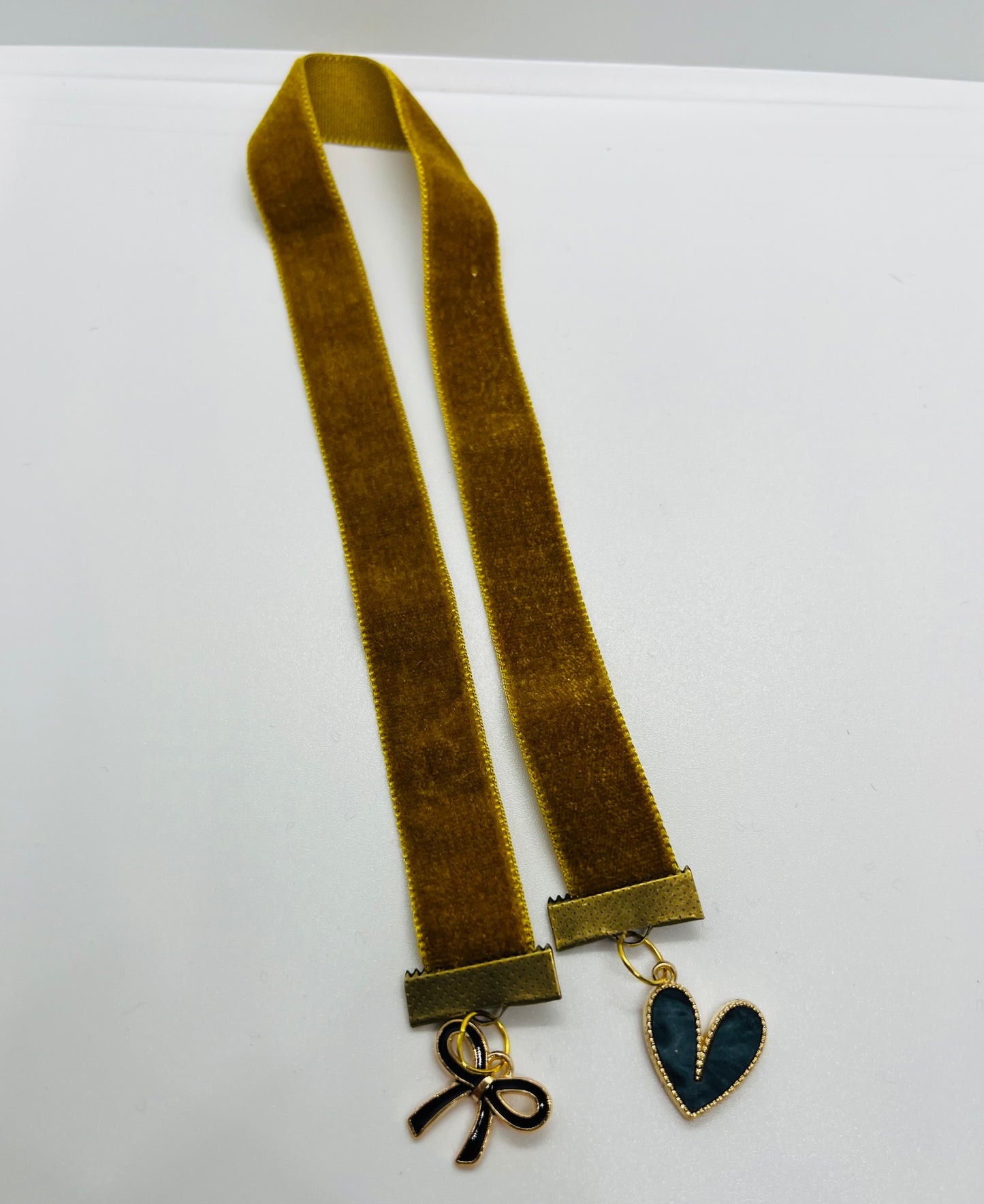 Olive Velvet Bow & Heart Ribbon Bookmark