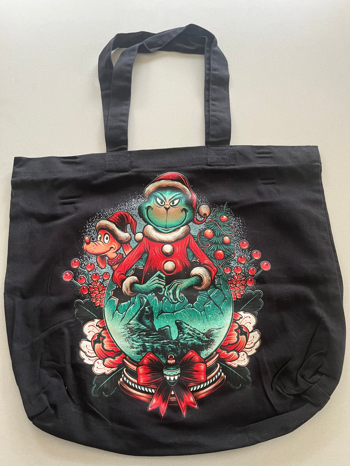 Grumpy Holiday Character Tote Bag – Festive Christmas Snow Globe Design
