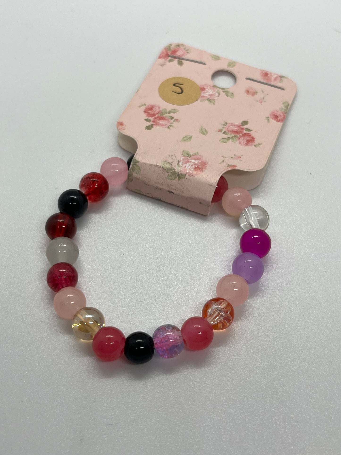 Pink Floral Beaded Bracelet β Stretch Bracelet with Mixed Glass Beads