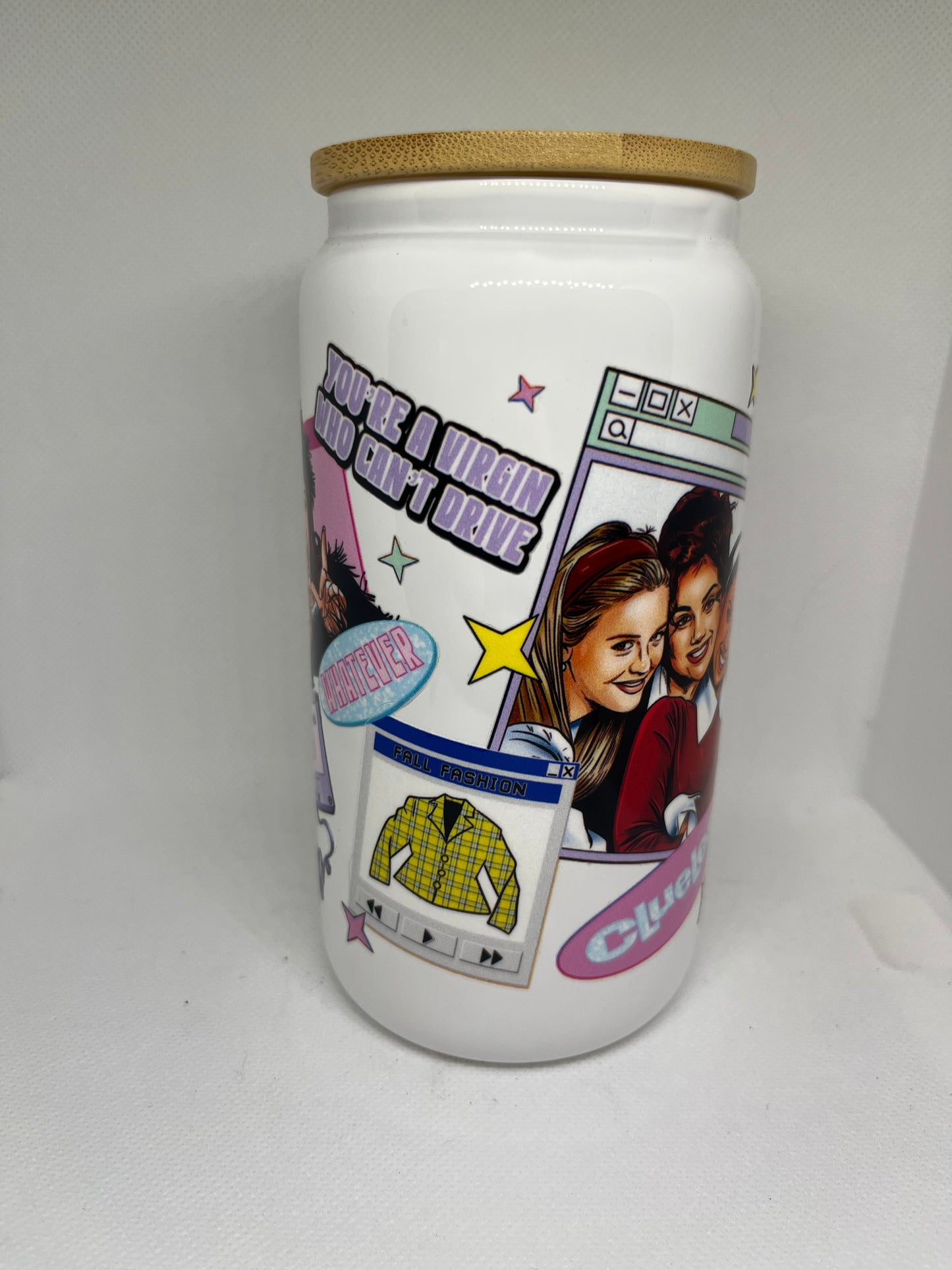 90s Teen Movie Inspired White Glass Cup with Bamboo Lid – 16 oz