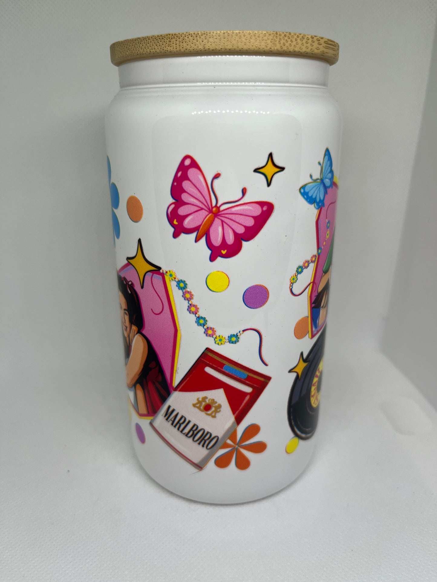 Now and Then-Inspired White Glass Cup with Bamboo Lid