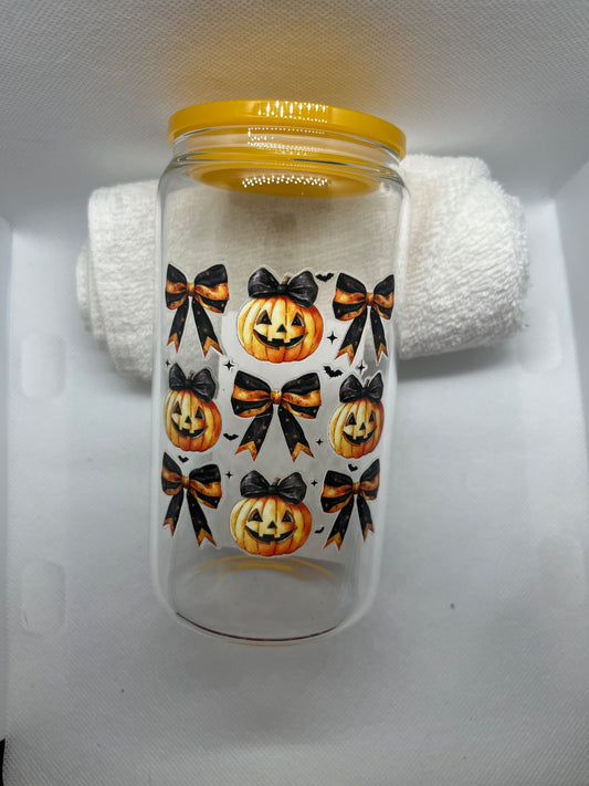 Pumpkin Bow Halloween 16 oz Glass Cup | Cute Spooky Aesthetic