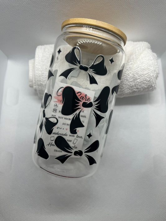 Black Bow Aesthetic Glass Can Cup – 16oz Coquette Gothic