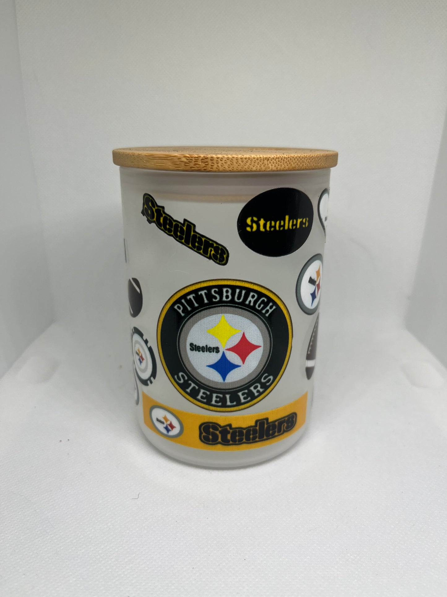 Pittsburgh Football Fan Frosted Glass Mug with Bamboo Lid