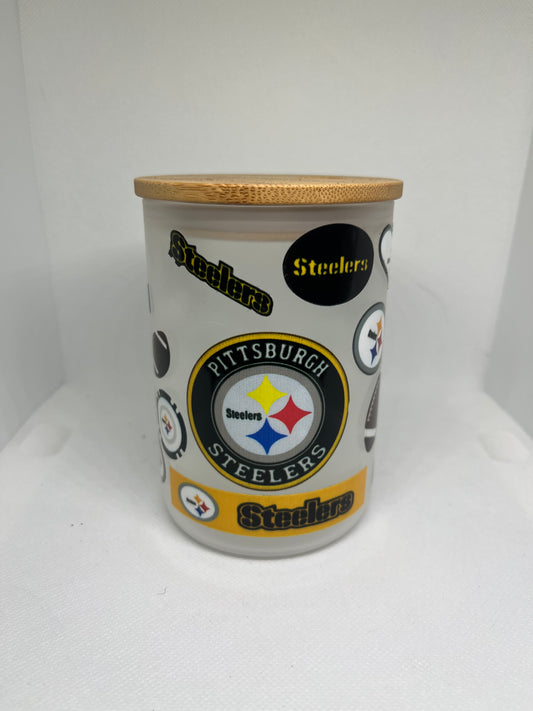 Pittsburgh Football Fan Frosted Glass Mug with Bamboo Lid