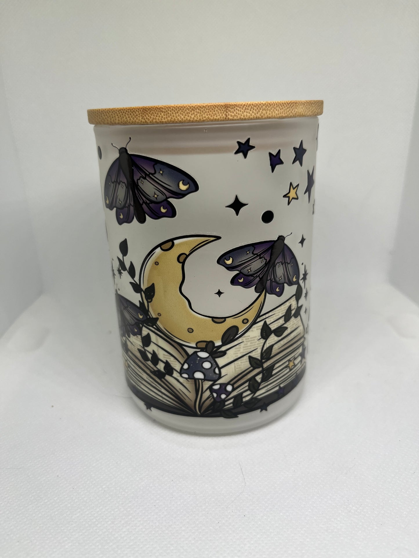 Moonlit Books & Moths Frosted Glass Mug with Bamboo Lid