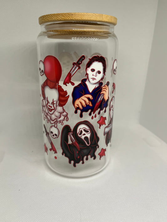Horror Slasher Icons Glass Cup | Spooky Horror Tumbler