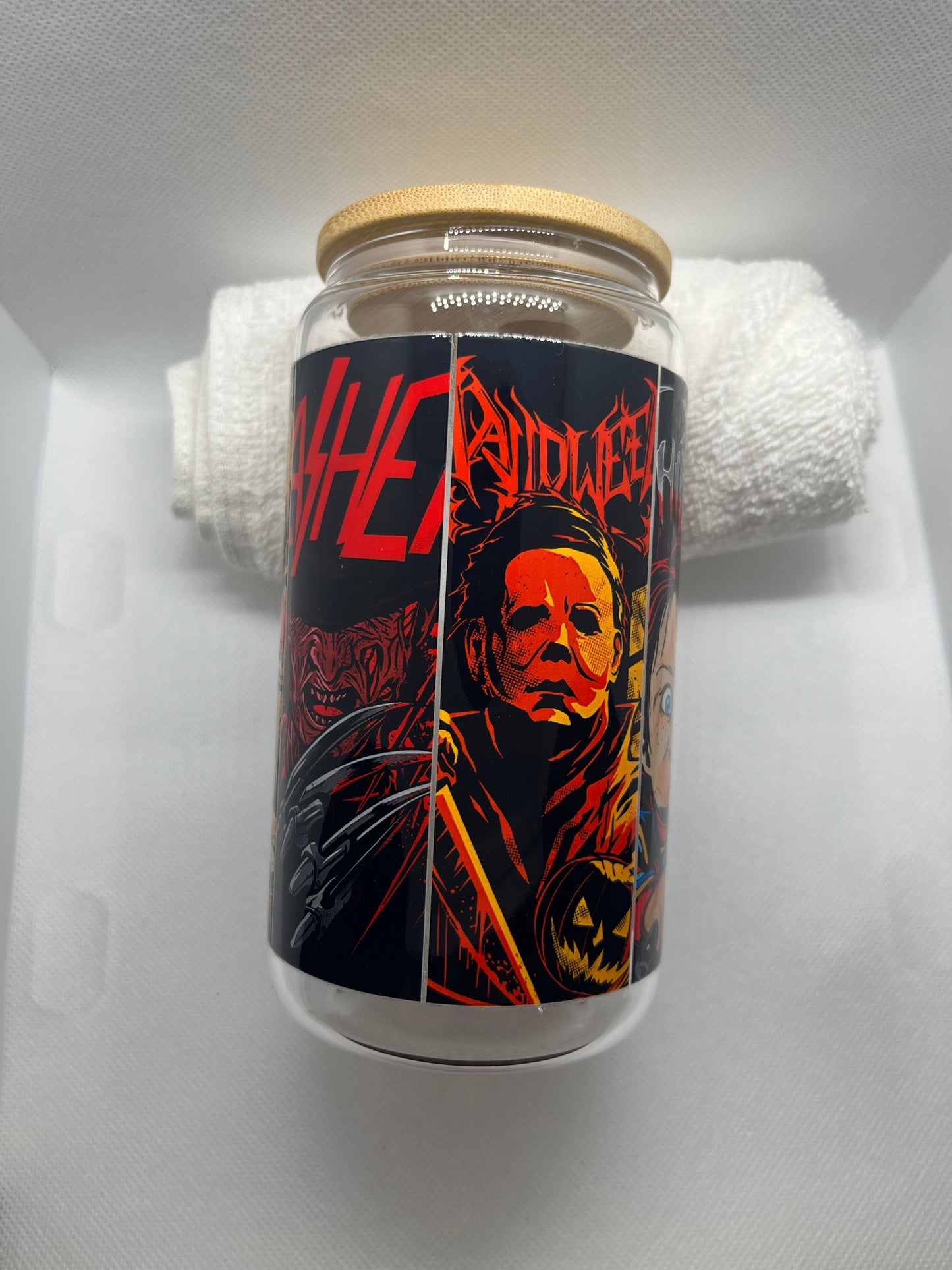 Horror Icons Glass Tumbler | Spooky Movie Villains Can Glass with Bamboo Lid
