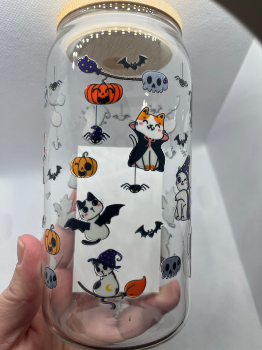Spooky Cute Halloween Cat Glass Can Tumbler