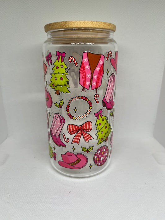 Pink Western Christmas Glass Can Tumbler – 16 oz Holiday Cowgirl Cup