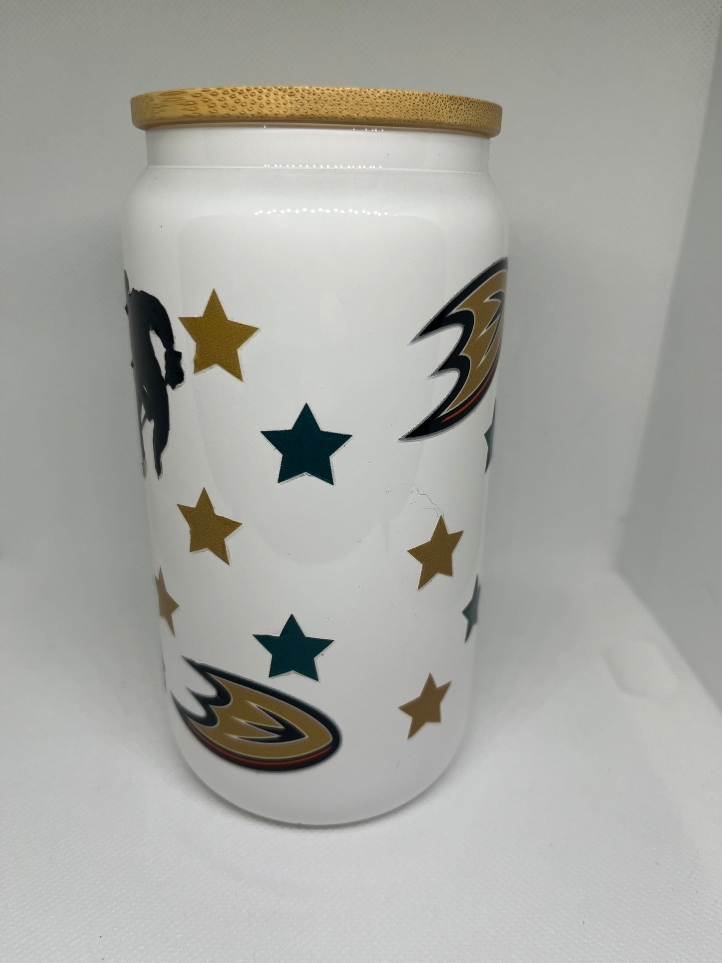 Hockey Mask Duck-Inspired White Glass Cup with Bamboo Lid