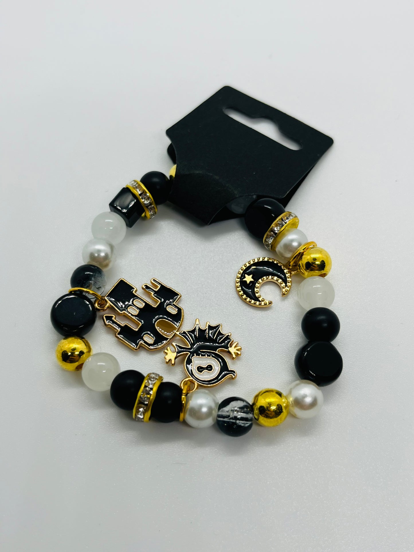 Spooky Icons Beaded Bracelet – Black, Gold & Pearl Stretch Bracelet