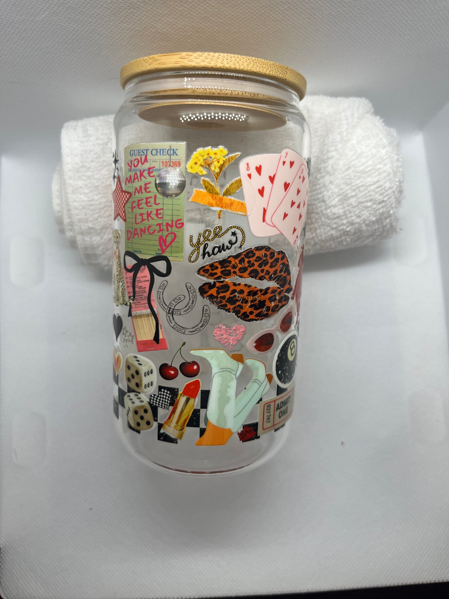 🎲 Retro Eclectic Collage 16 oz Glass Tumbler