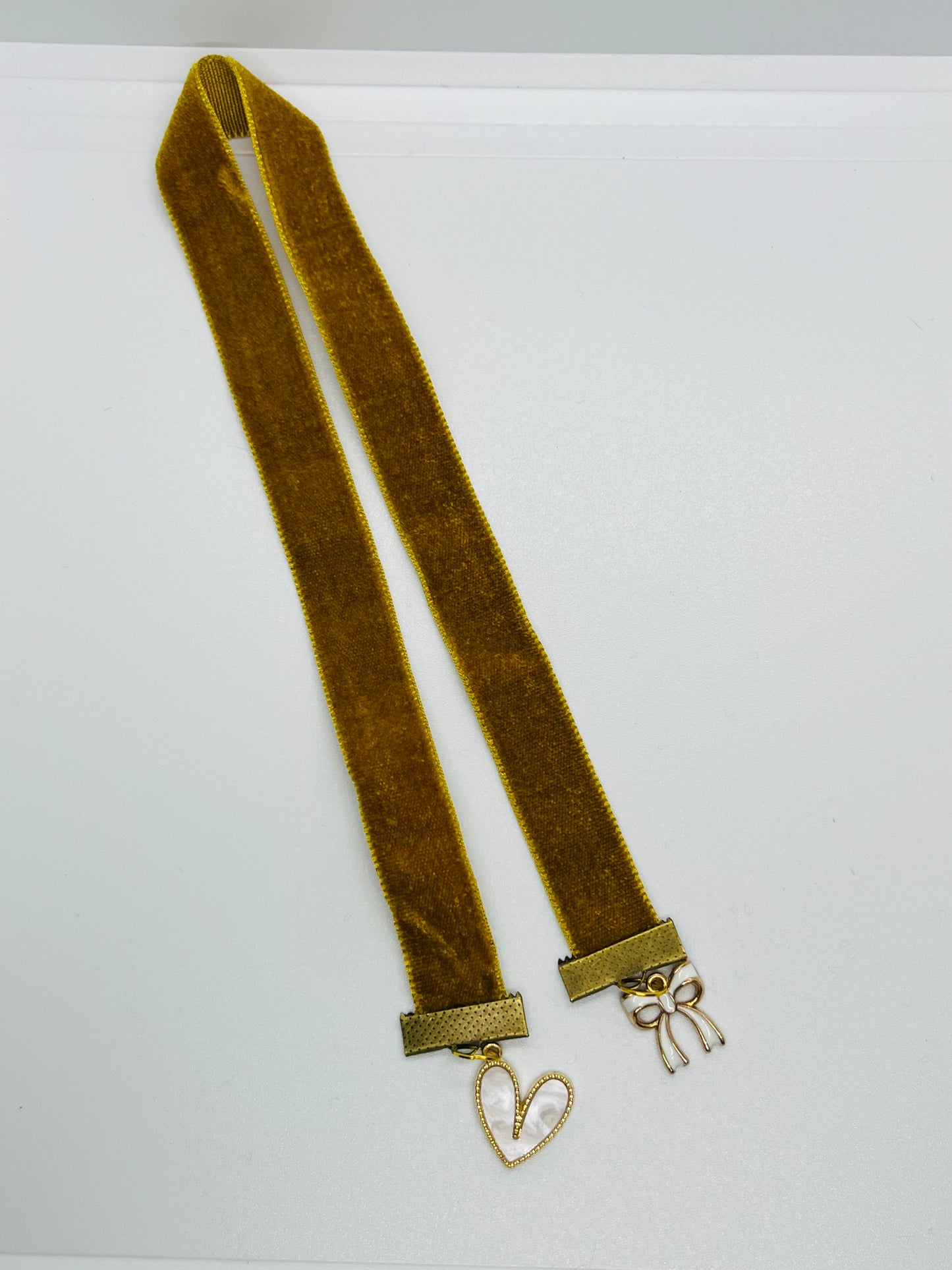 Olive Velvet Cream Colored Bow & Heart Ribbon Bookmark