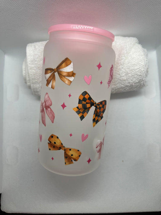 Pink Bow 16 oz Frosted Glass Cup | Cute Girly Aesthetic