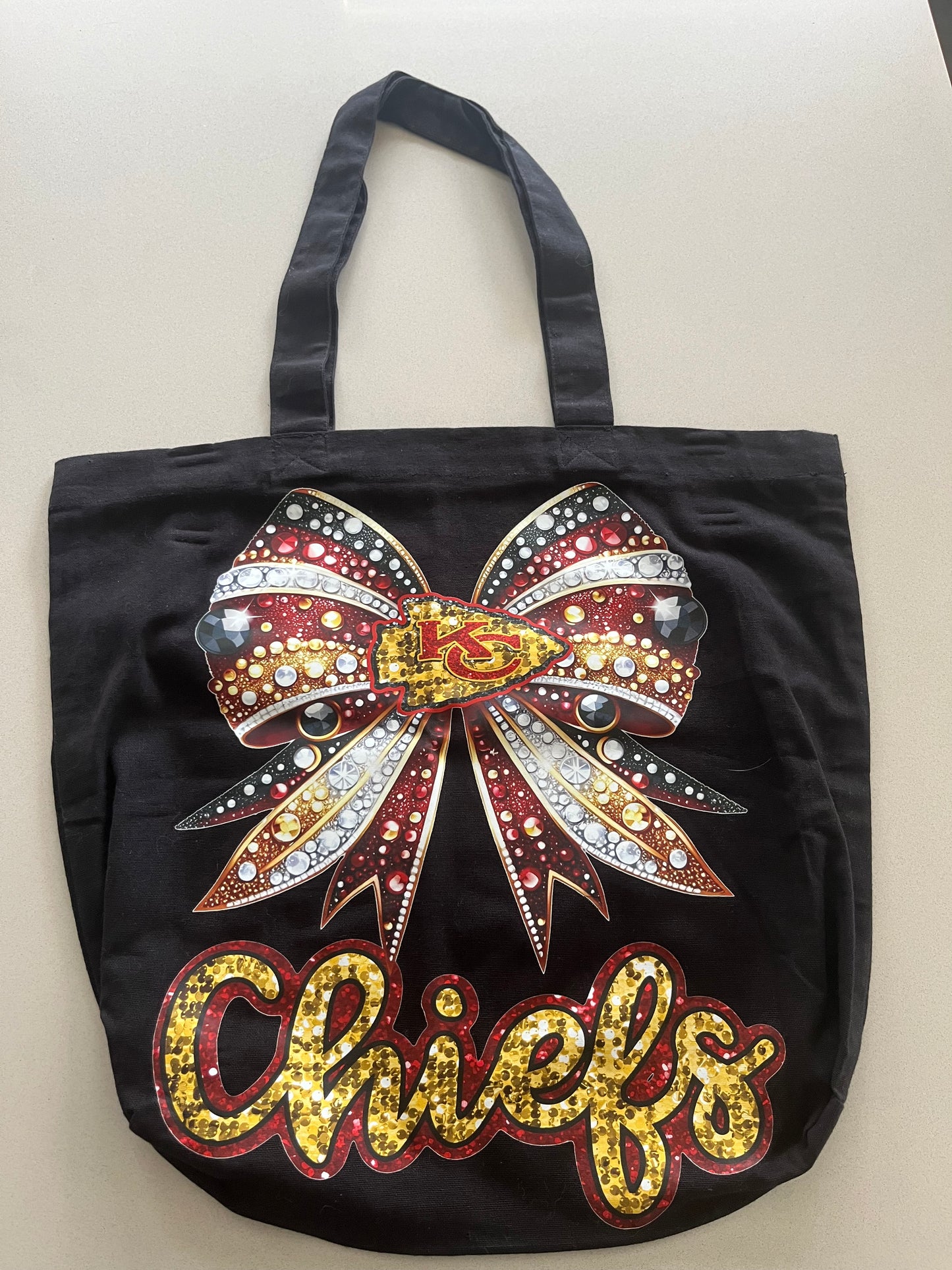 KC Chiefs Bow Tote Bag – Rhinestone Style Football Fan Design