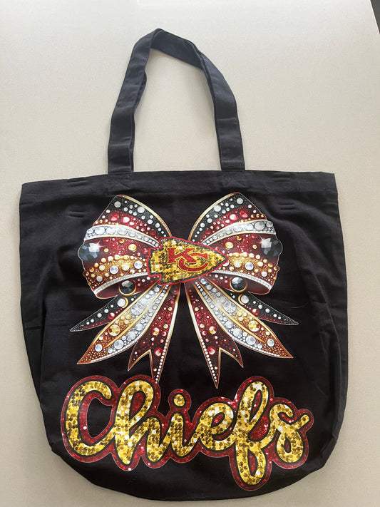 KC Chiefs Bow Tote Bag – Rhinestone Style Football Fan Design