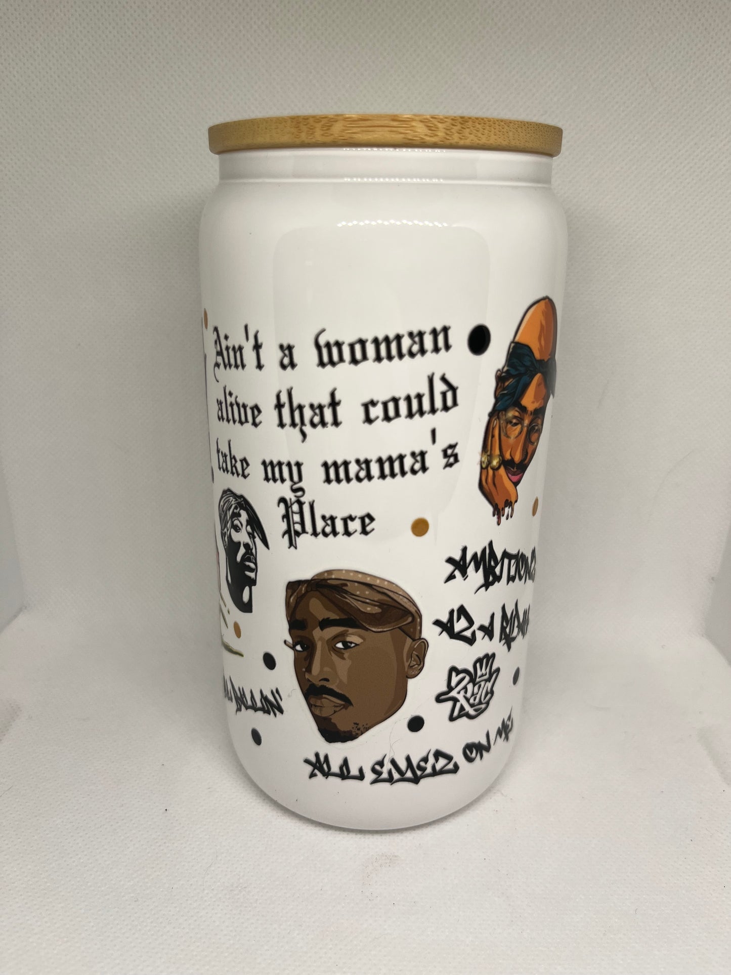 West Coast Rap Icon White Glass Cup with Bamboo Lid