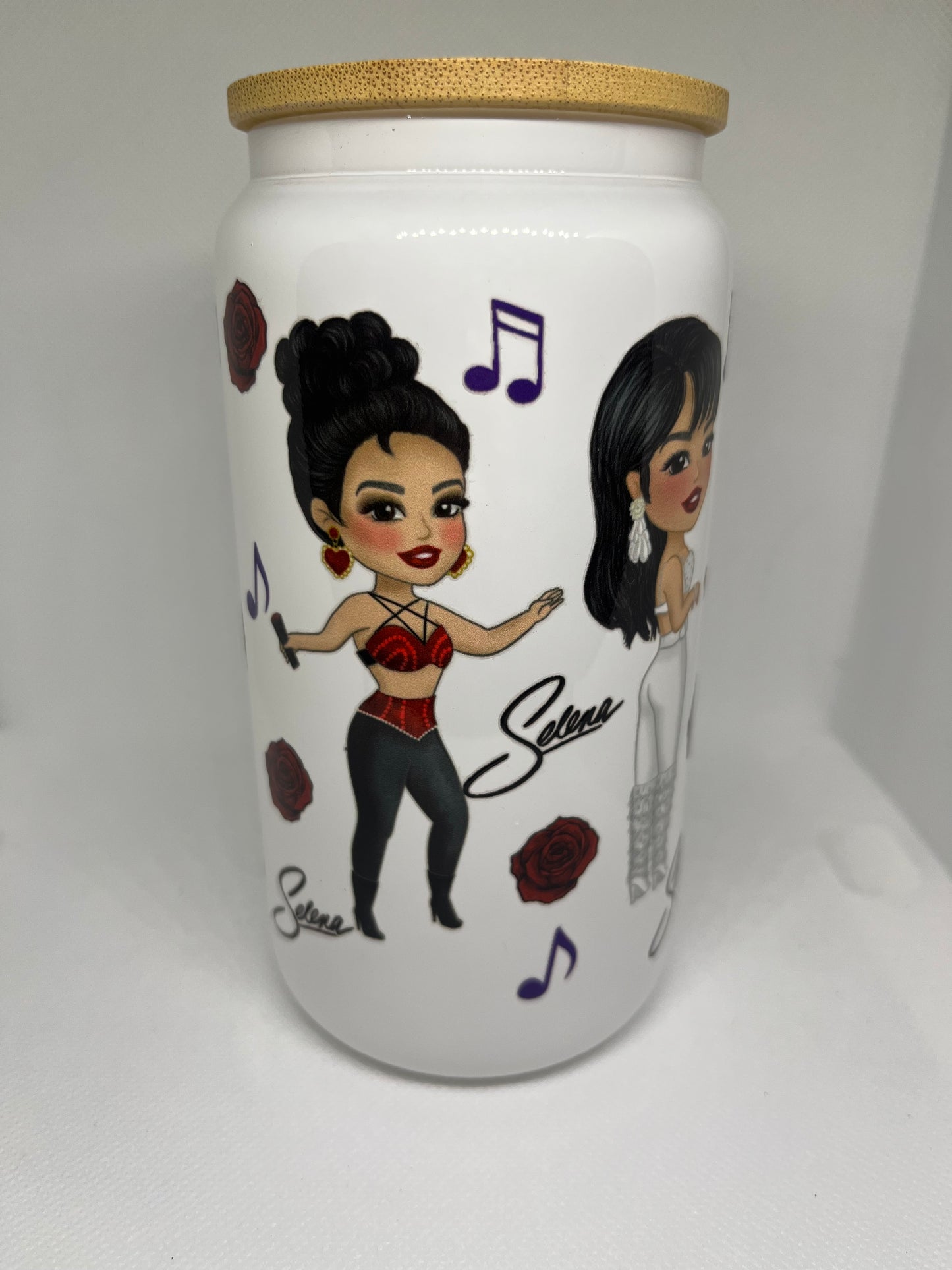 Selena-Inspired White Glass Cup with Bamboo Lid