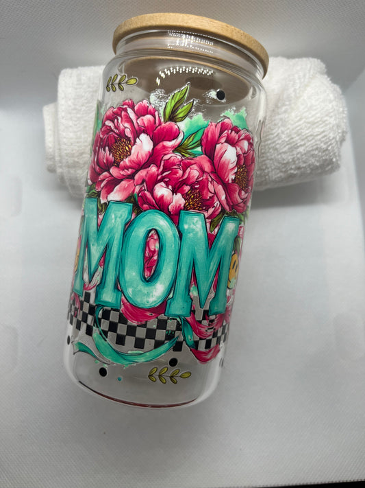 Western Floral Mom Cowgirl 16 oz Glass Can Cup with Bamboo Lid