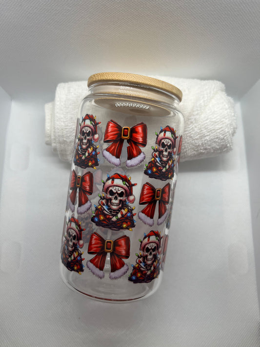 Spooky Christmas Skull Glass Can Cup – 16oz Holiday Horror