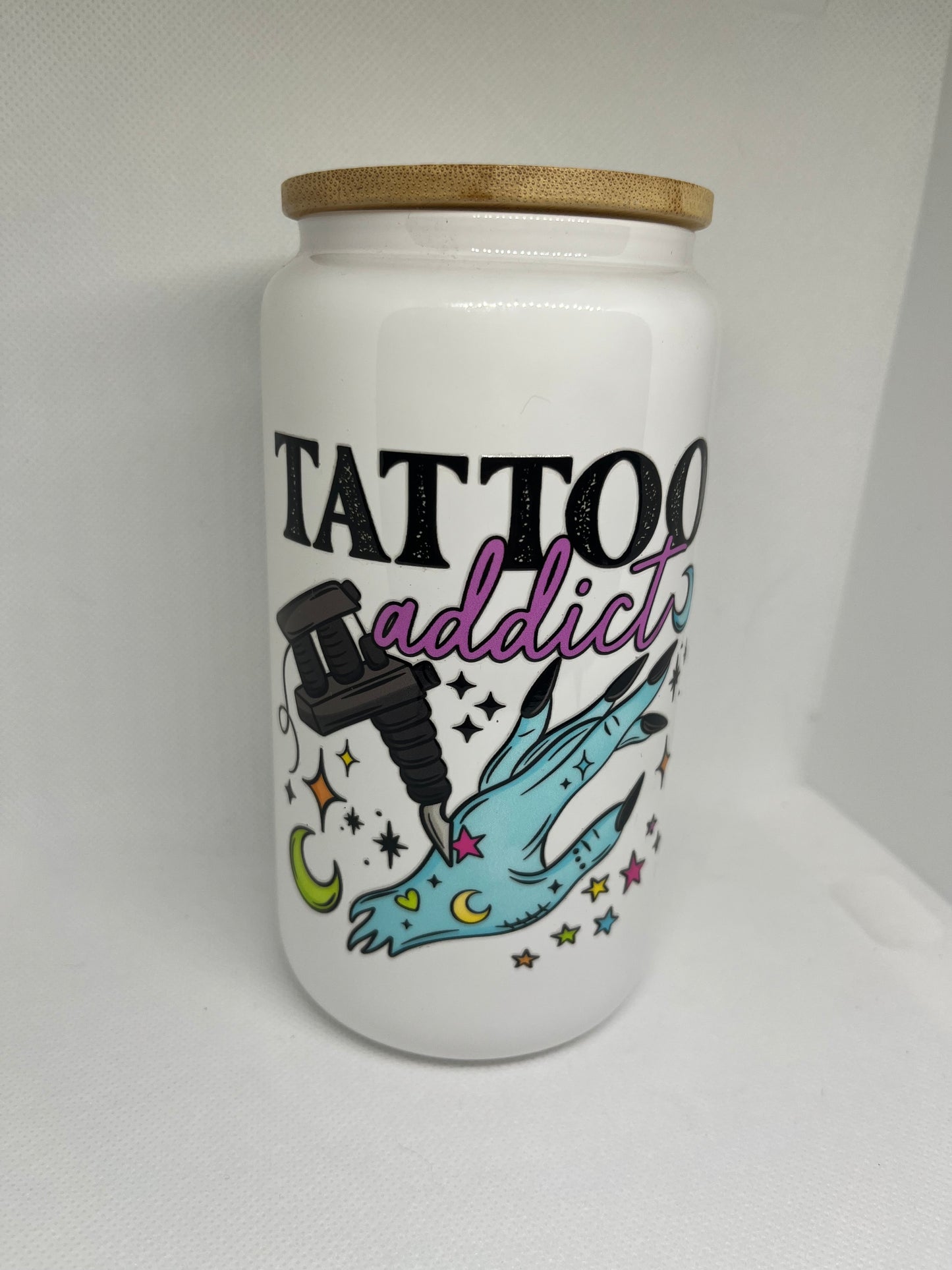 Tattoo Addict White Glass Can with Bamboo Lid