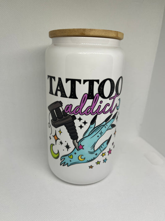 Tattoo Addict White Glass Can with Bamboo Lid