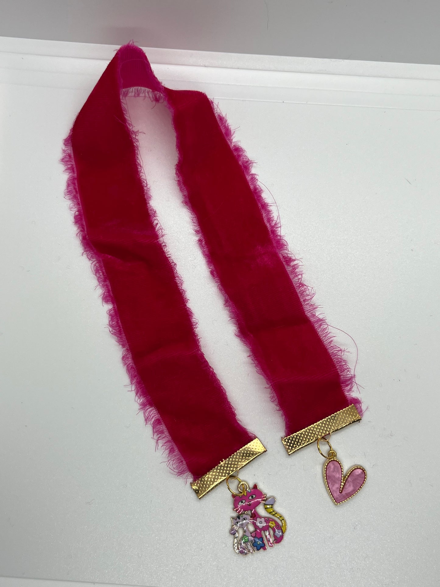 Pink Frayed Velvet Cat Ribbon Bookmark