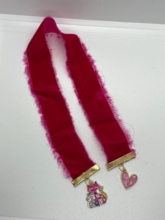 Pink Frayed Velvet Cat Ribbon Bookmark