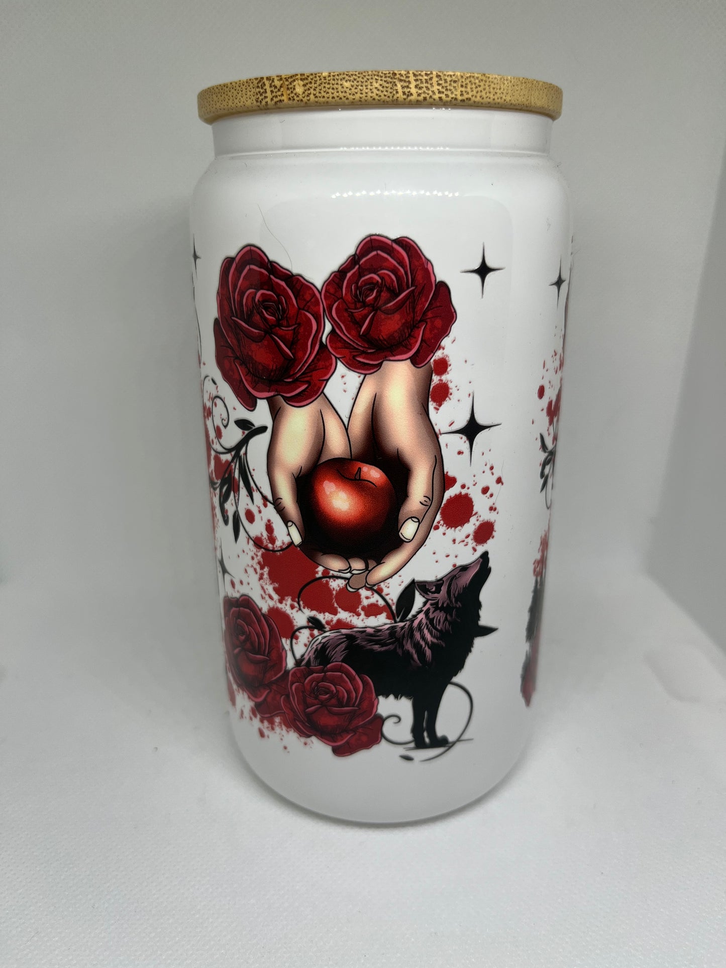 Vampire Romance Inspired White Glass Cup with Bamboo Lid – 16 oz