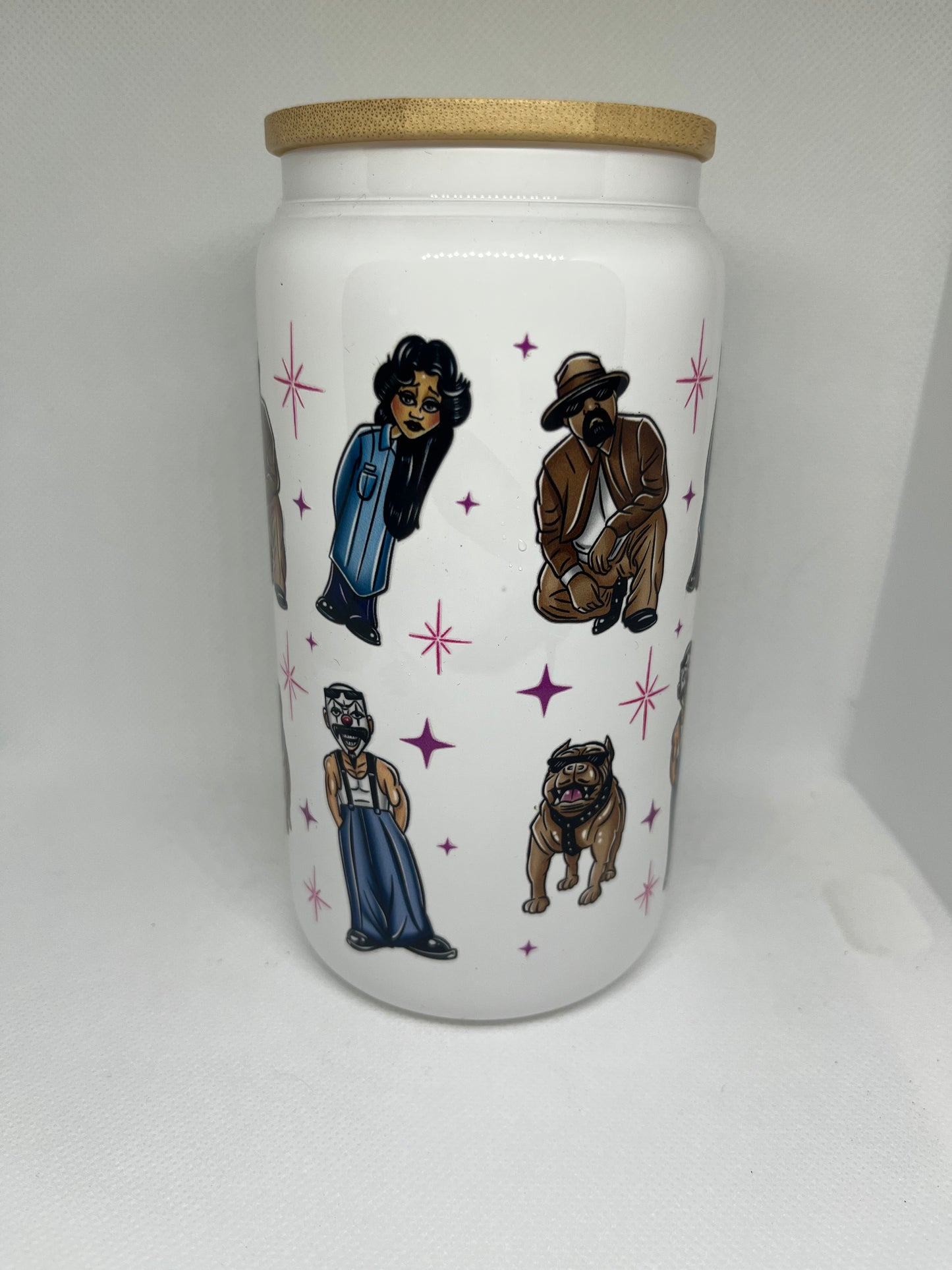 Homies-Inspired White Glass Cup with Bamboo Lid