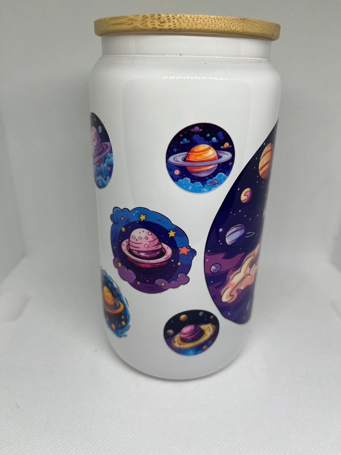 Cosmic Planets White Glass Cup with Bamboo Lid