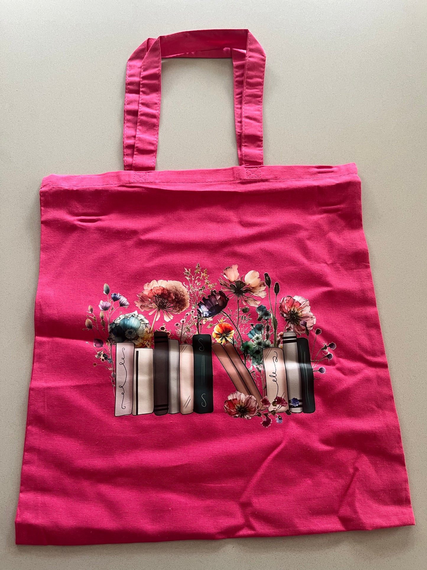 Floral Book Lover Tote Bag – Pink Book Stack Design