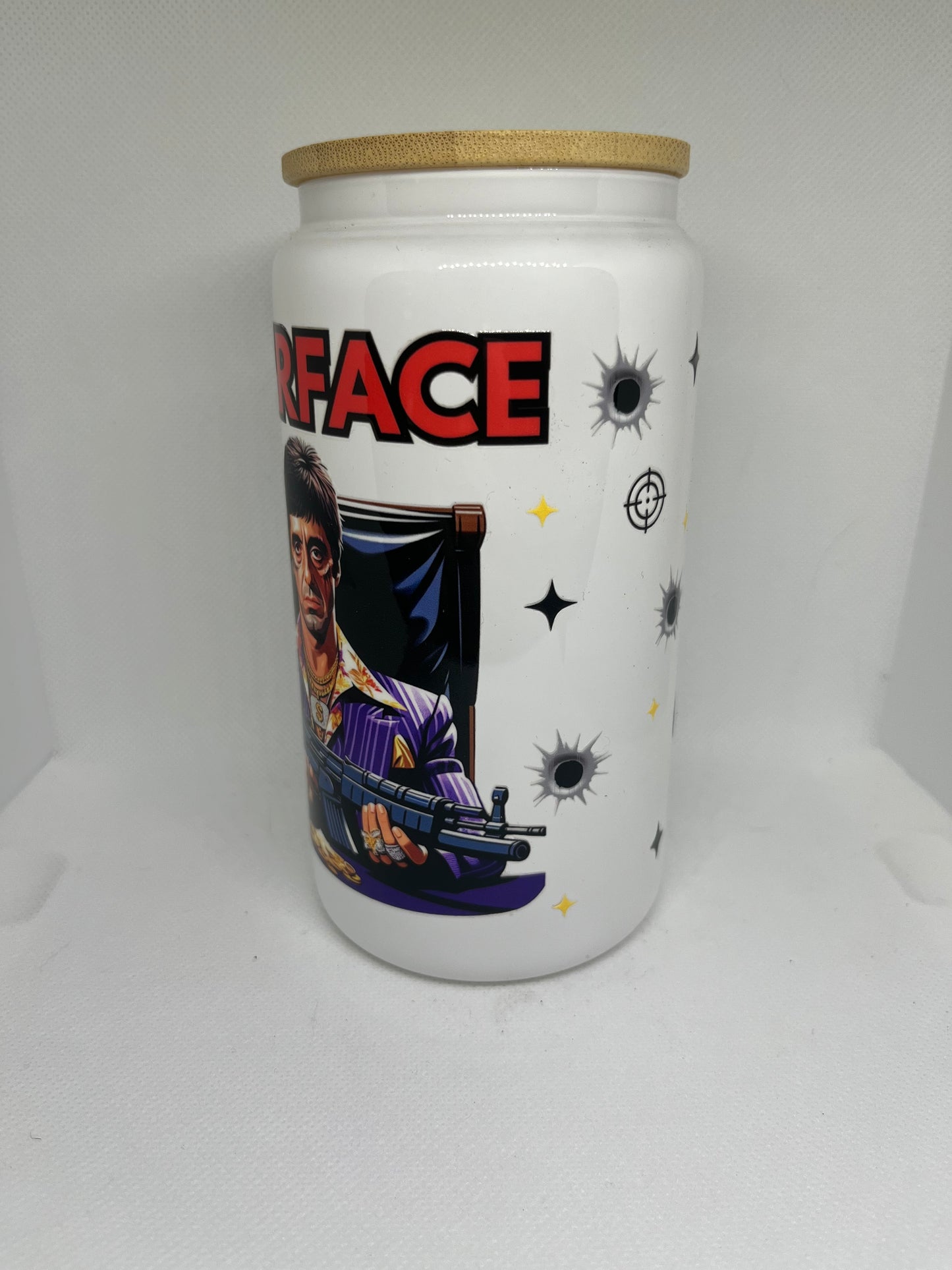 Scarface White Glass Can Tumbler with Bamboo Lid