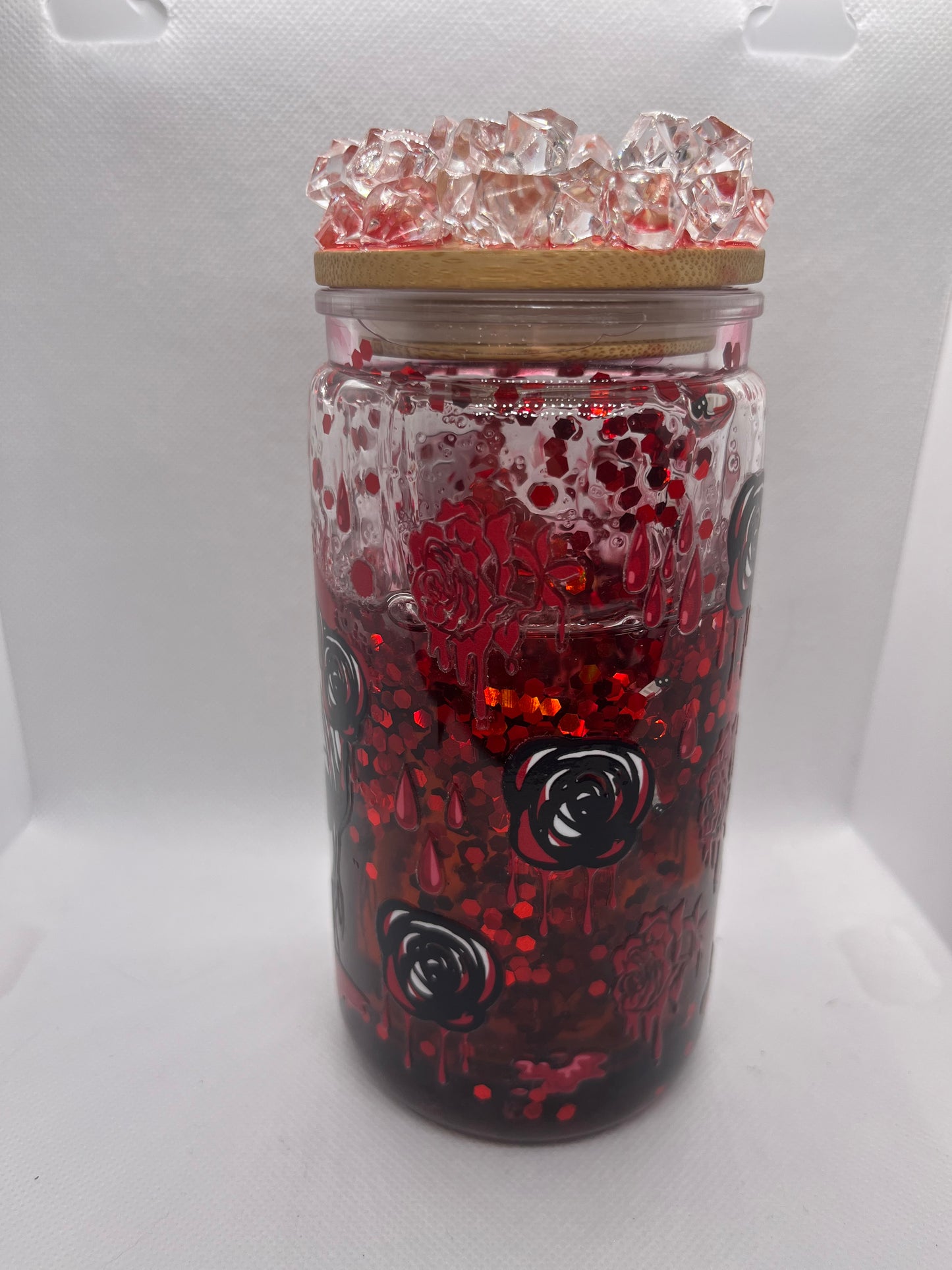 Goth Rose Snowglobe Tumbler – 16 oz Red Glitter plastic Cup