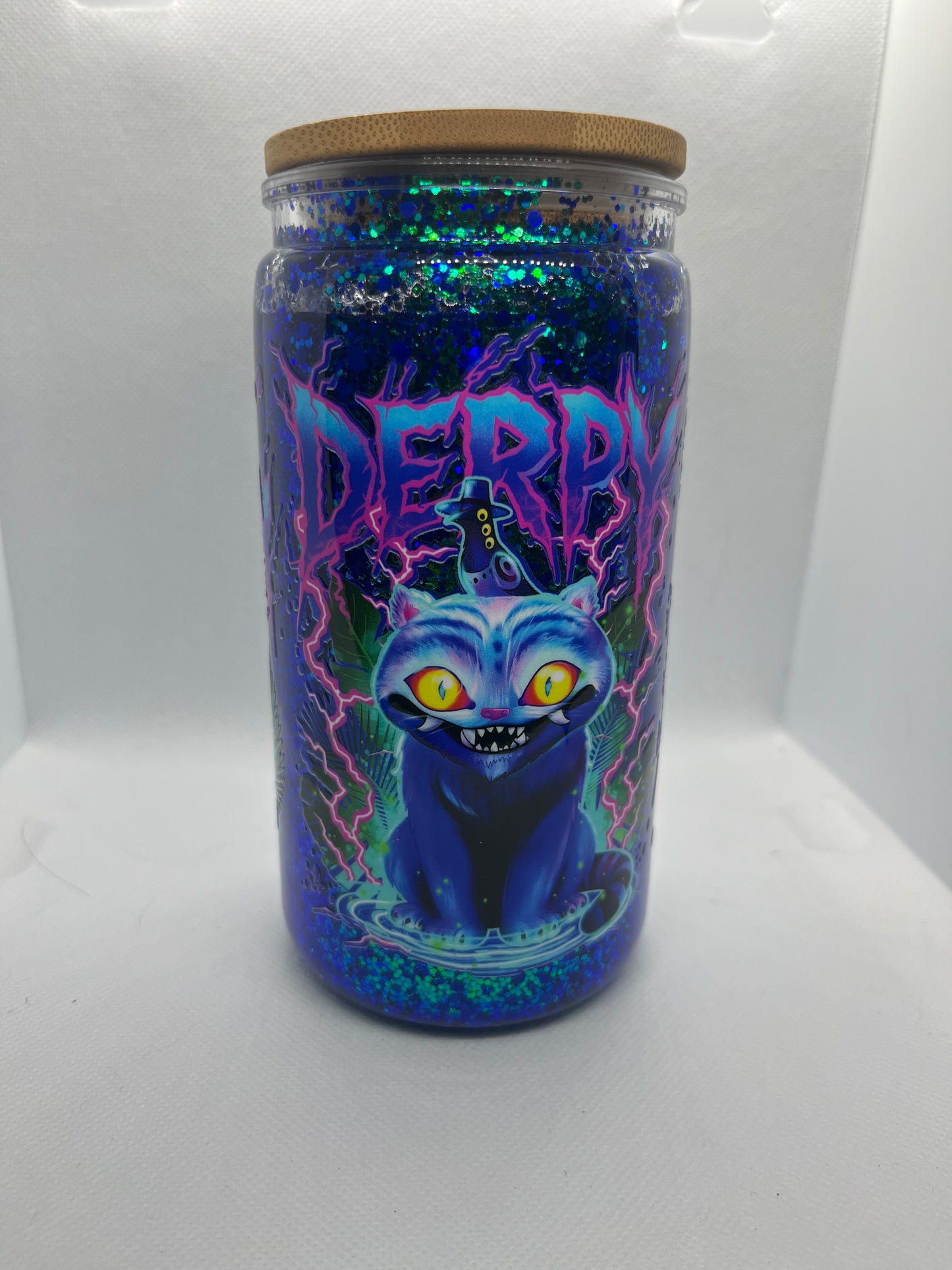 Derpy Blue Cat Glitter Tumbler | Whimsical Fantasy Drink Cup