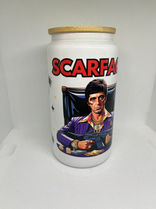 Scarface White Glass Can Tumbler with Bamboo Lid