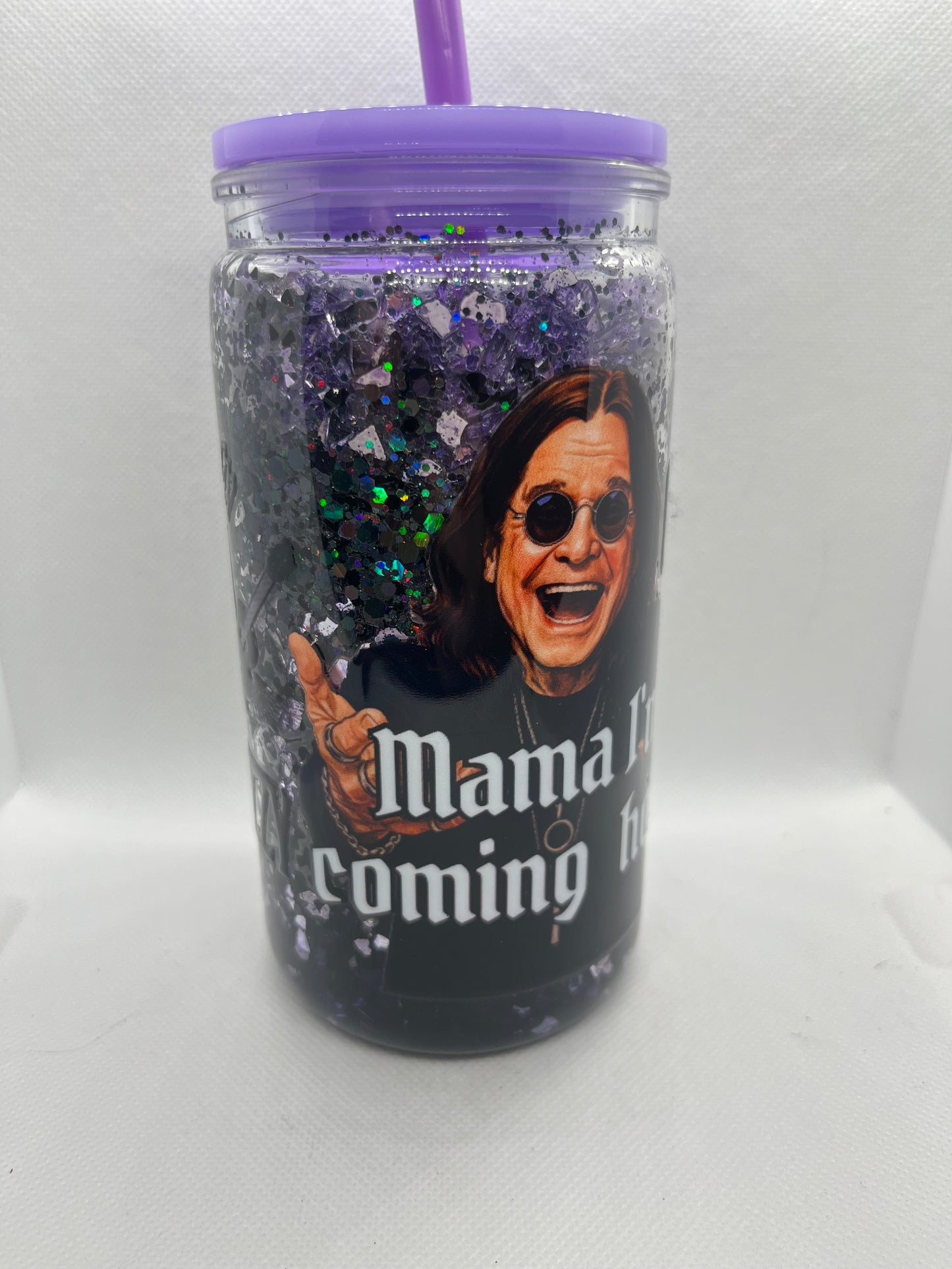 Ozzy “Mama I’m Coming Home” Glitter Tumbler – Purple Sparkle Rock Music Cup