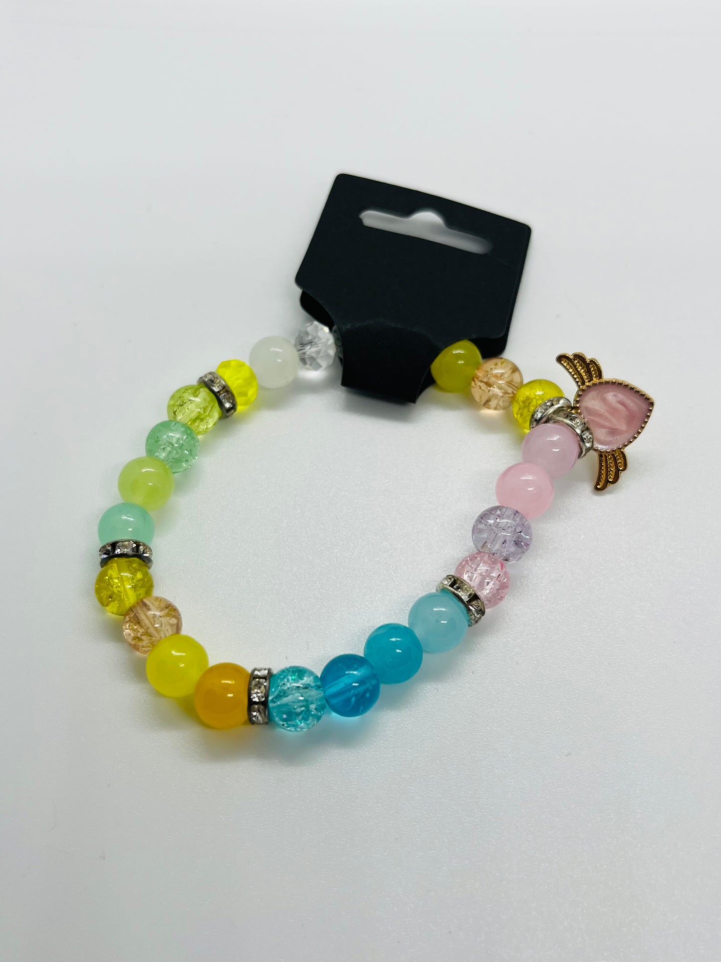 Pastel Rainbow Beaded Bracelet with Heart Charm – Stretch Bracelet