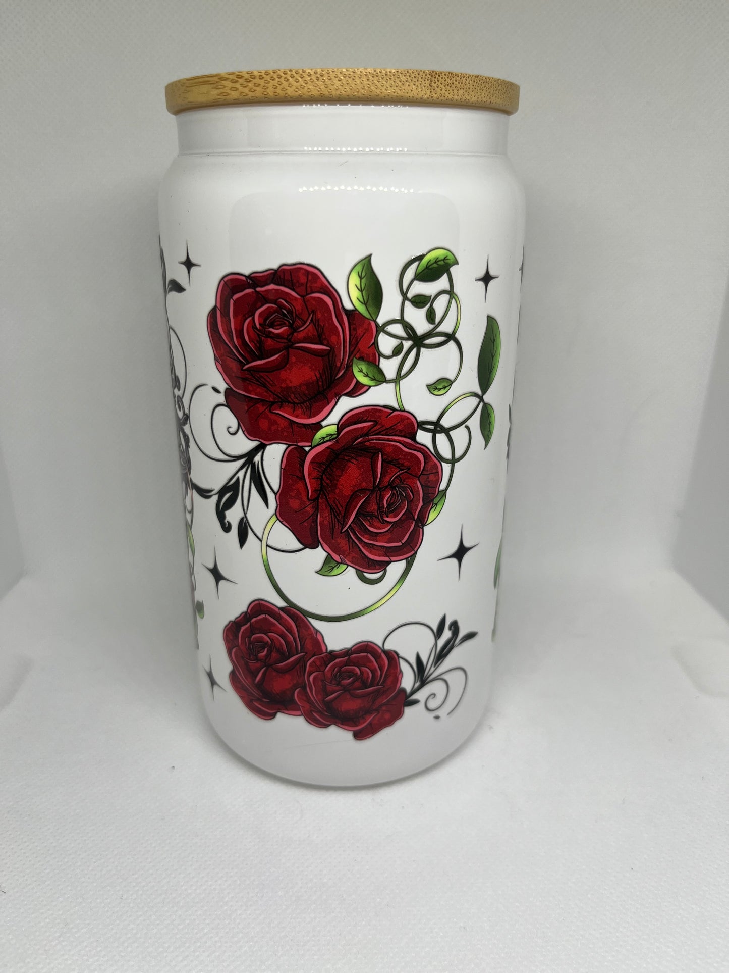 TVD Eternal Love Gothic Rose White Glass Cup with Bamboo Lid
