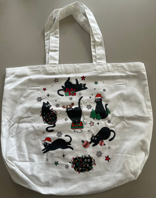 Festive Black Cat Christmas Tote