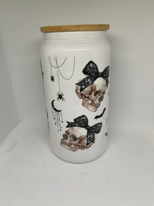 Leopard Bow Skull White Glass Can Tumbler – 16 oz Gothic Halloween Glass