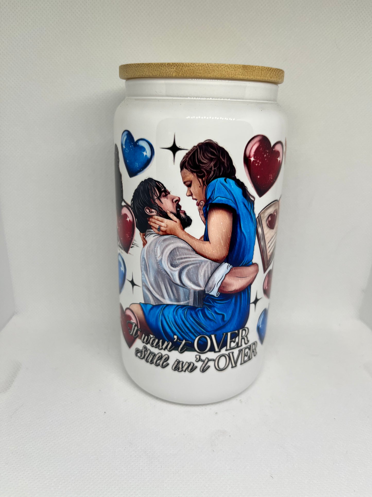 16 oz Romantic Movie Quote Glass Cup – “It Wasn’t Over, Still Isn’t Over” White Glass Tumbler