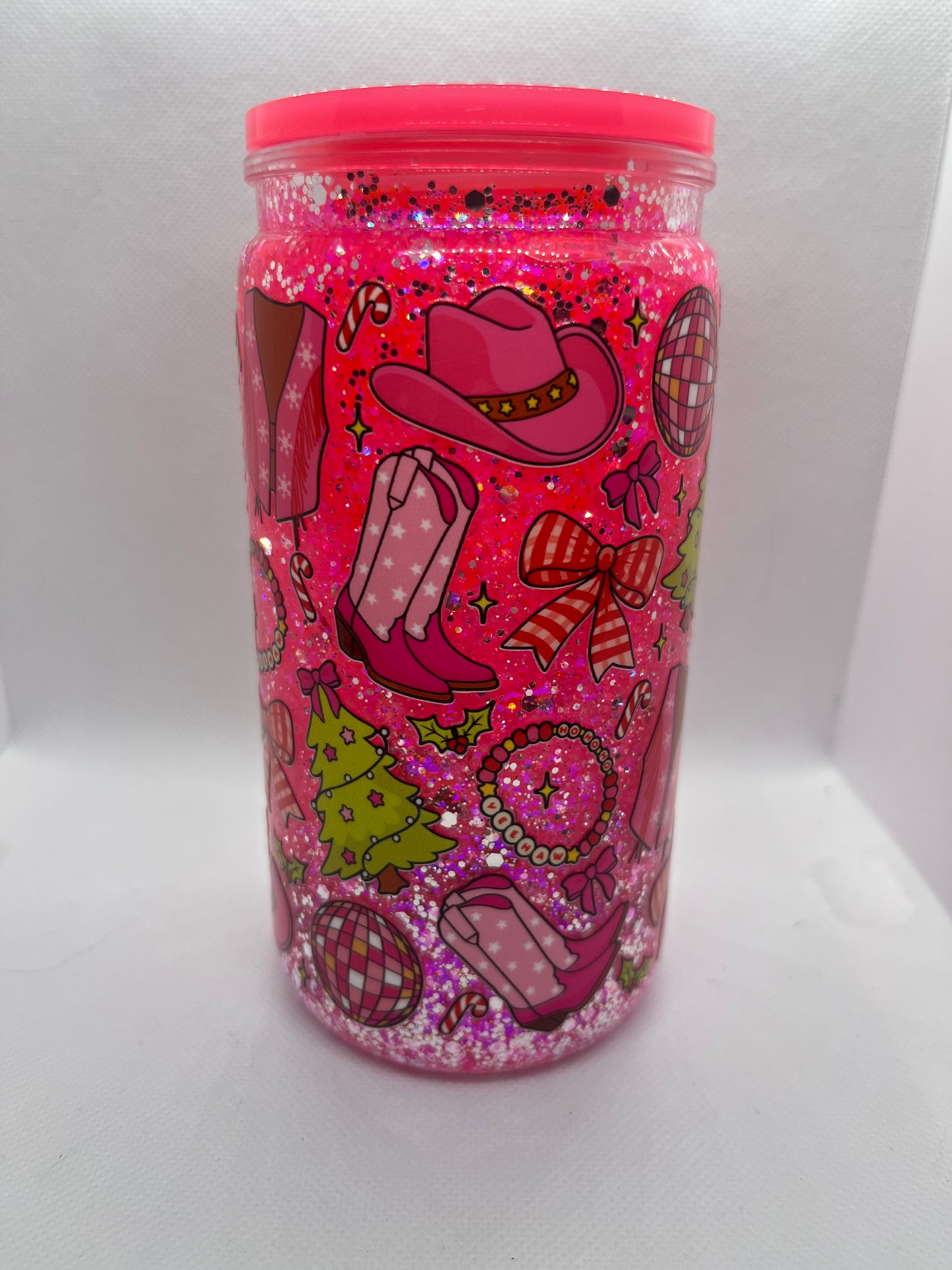 Pink Western Christmas Snowglobe Cup – 16 oz Plastic Tumbler