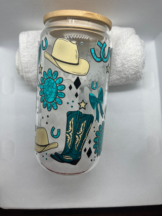 Turquoise/ Western Glass Cup