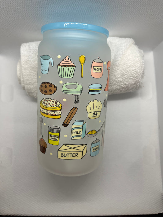 Baking Theme 16 oz Frosted Glass Cup | Cute Kitchen Aesthetic