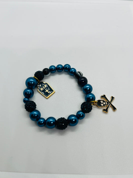 Teal & Black RIP Skull Charm Stretch Bracelet
