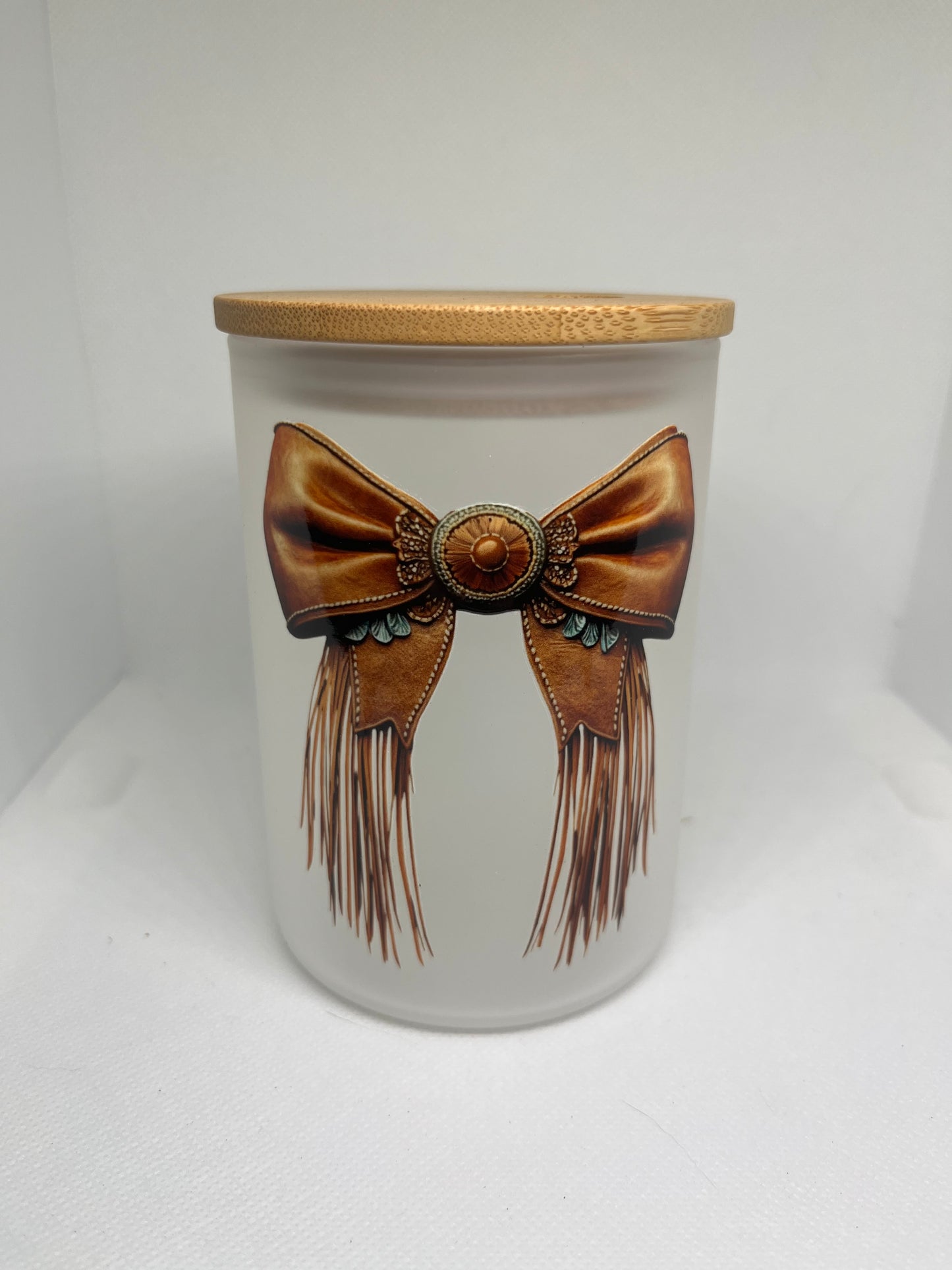 Western Fringe Bow Frosted Glass Mug with Bamboo Lid