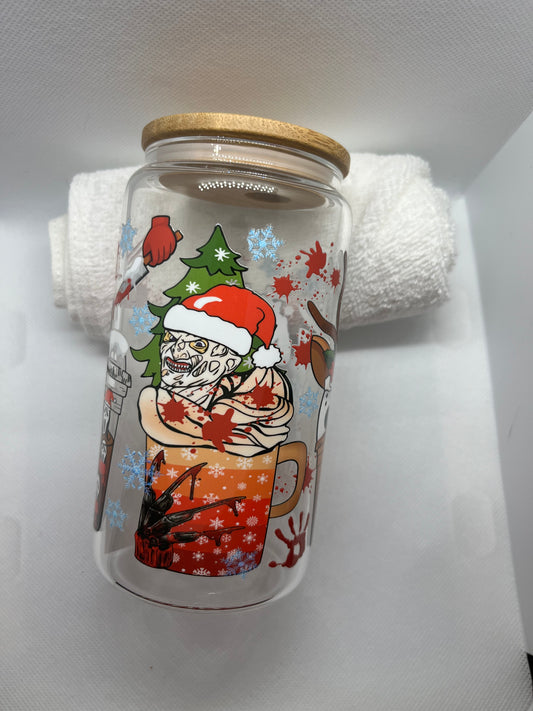 Spooky Christmas Horror Glass Can Cup – 16oz Festive Slasher Design
