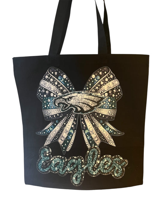 Green & Silver Football Bow Canvas Tote Bag | Glam Game Day Tote
